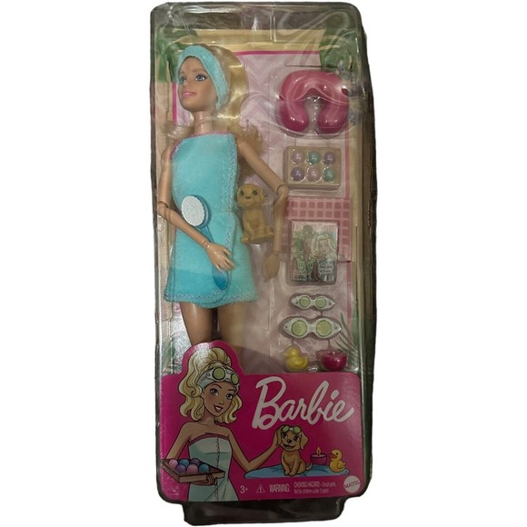 Barbie You Can Be Anything Spa With Puppy Blonde Girl Doll Blue Robe Mattel Toy - Picture 2 of 3